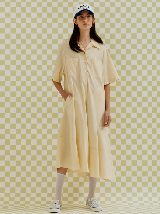 OPEN COLLAR FLARED DRESS LIGHT YELLOW (AEDR1E008Y1)