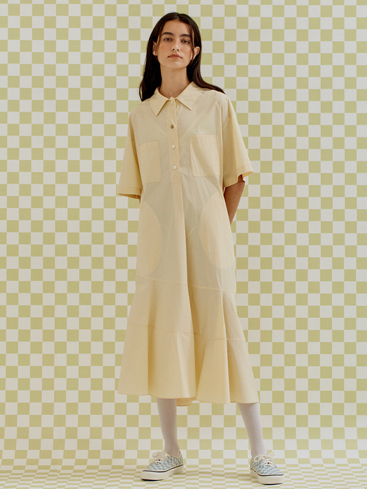 OPEN COLLAR FLARED DRESS LIGHT YELLOW (AEDR1E008Y1)