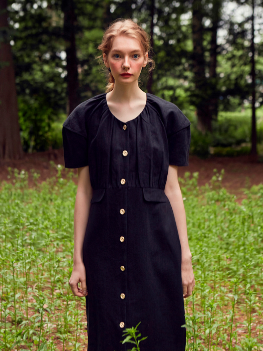Shirring button Linen Dress (Black)