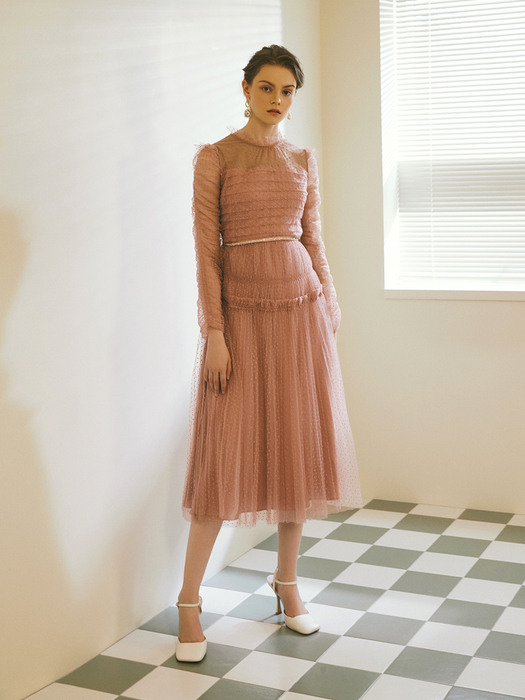 BESNA / Dot Lace See-Through Chiffon Dress(pink)