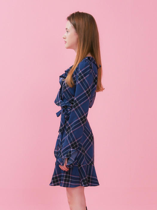RUFFLE POINT CHECK WRAP ONEPIECE_NAVY