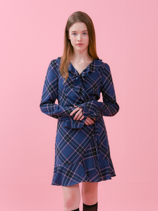 RUFFLE POINT CHECK WRAP ONEPIECE_NAVY