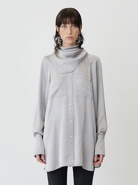 POCKET-DETAIL LOOSE-FIT BLOUSE SHIRT WITH SCARF - SILVER GREY
