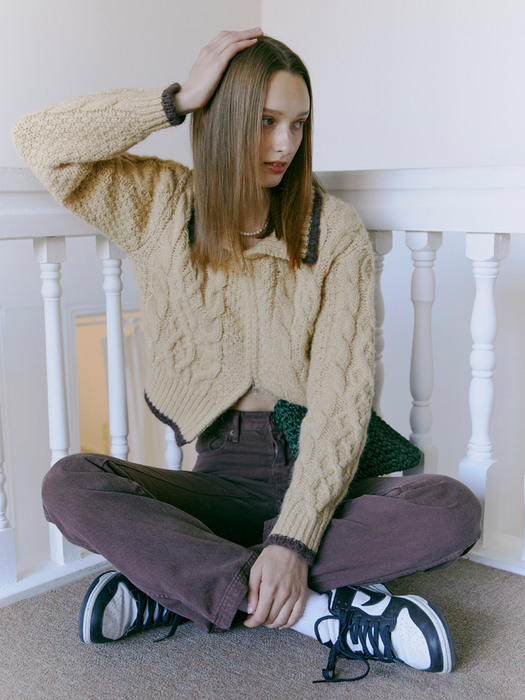 Cable Zip-Up Knit Cardigan, Mustard