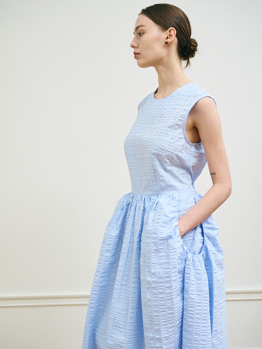 Wave Shirring pocket long dress - Blue