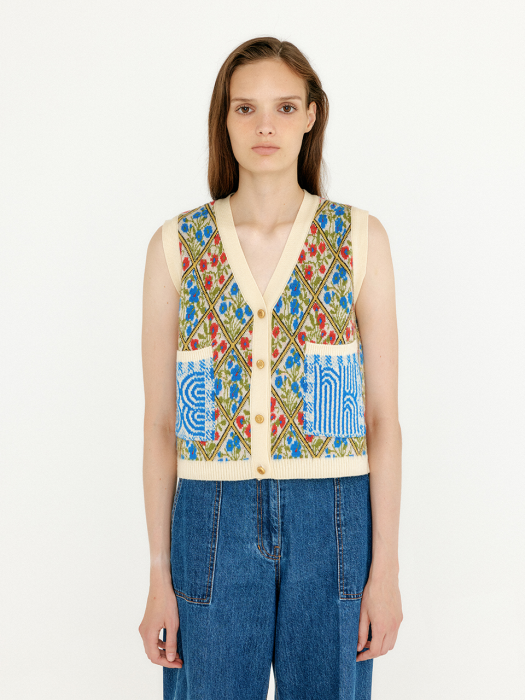 VITA Flower Pattern Knit Vest - Ivory/Blue/Red Multi