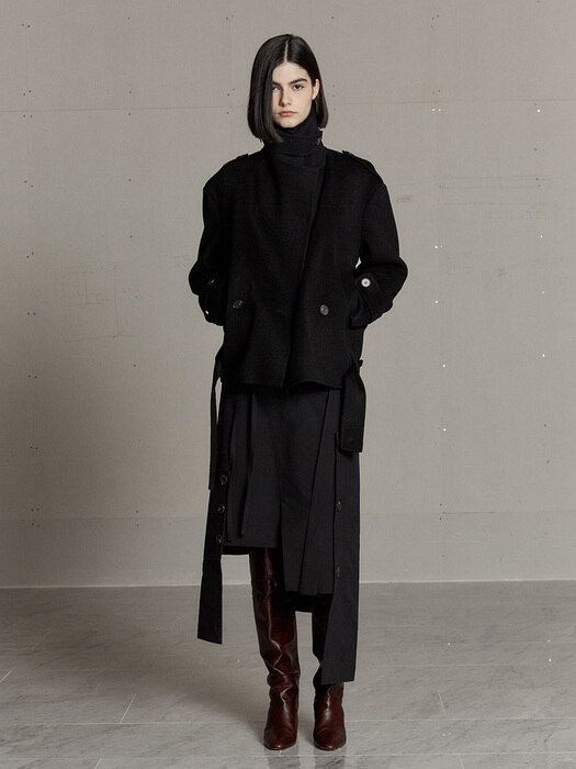 JEUDI Cashmere Belted Handmade Half Coat_Deep Black