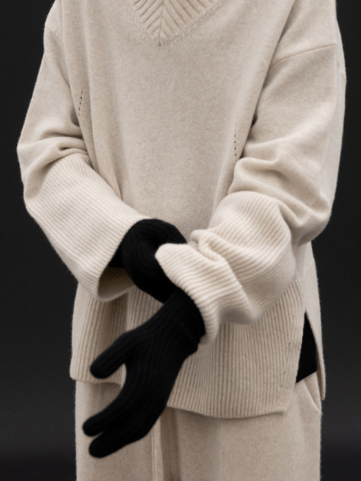 Wool cashmere ribbed gloves_Black