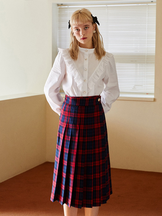 RED CHECK PLEATS WRAP SKIRT