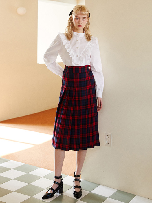 RED CHECK PLEATS WRAP SKIRT