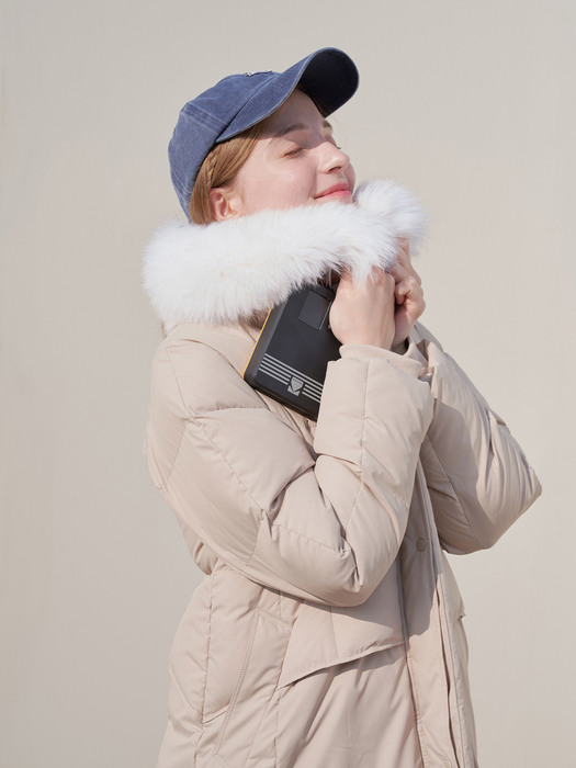 Fur collar belted long padded coat