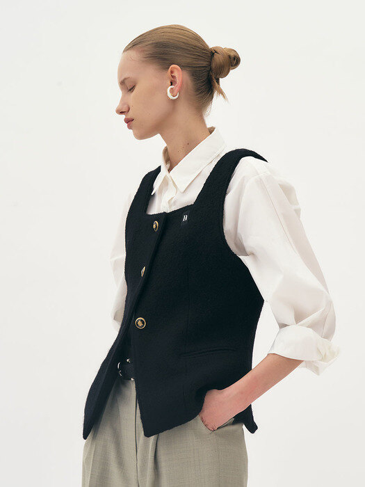 Single square wool boucle-tweed vest (Black)