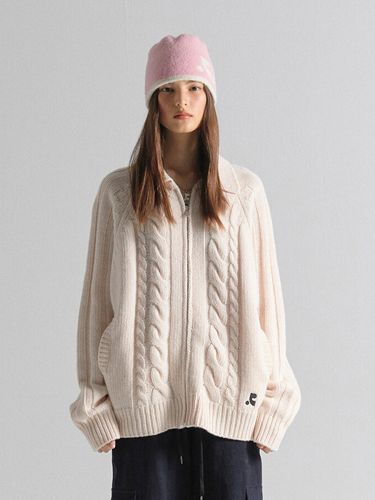 RR CABLE ZIP-UP CARDIGAN - PINK