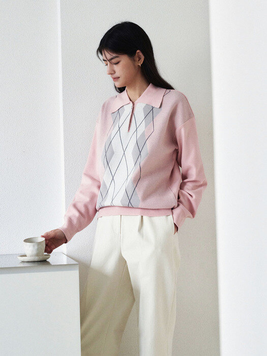 Argyle collar button knit - pink
