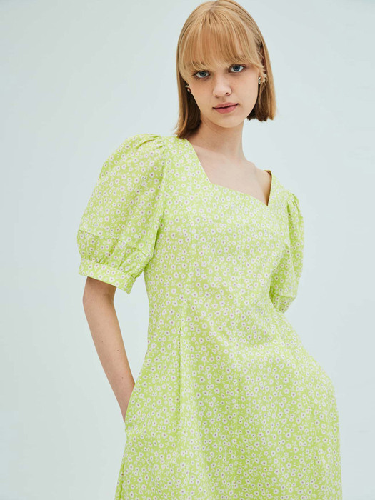 Square-neck puff sleeve flare dress_Lime