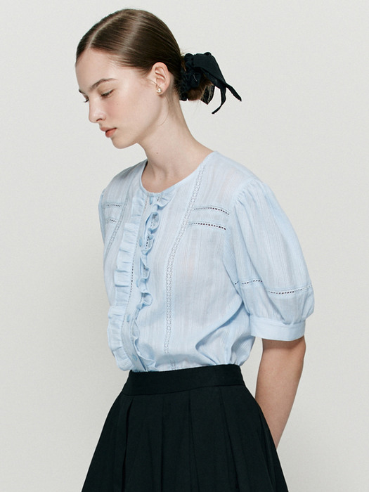 Striped lace tape frill blouse - Sky blue