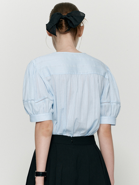 Striped lace tape frill blouse - Sky blue