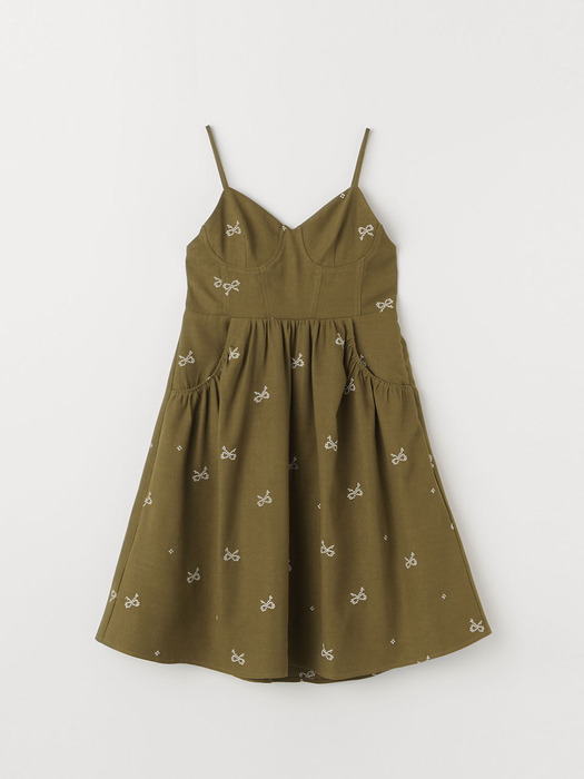 RIBBON EMBROIDERED BUSTIER DRESS_OLIVE