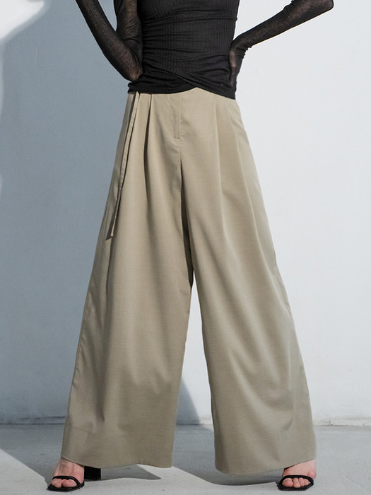 High-waist wide leg belt trousers - khaki