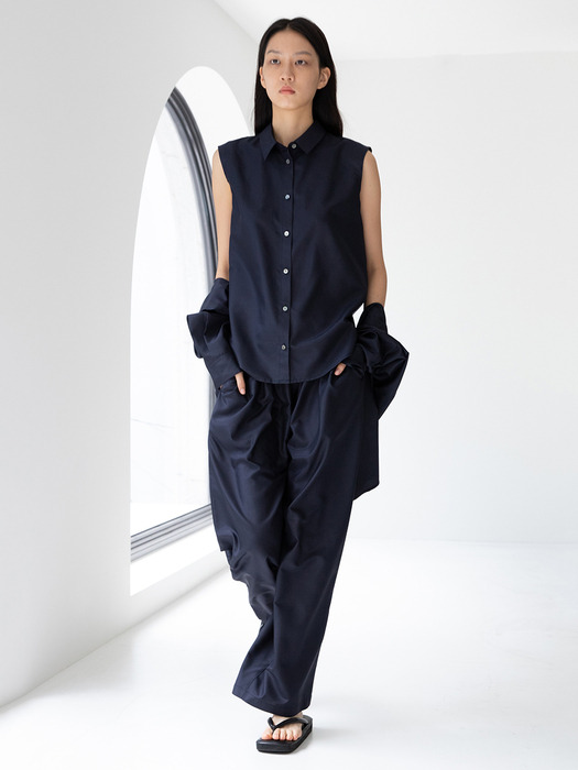 Band Wide Silk Pants - Navy