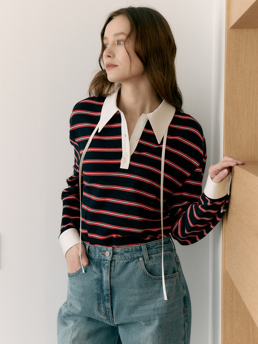 Collar String Stripe T-Shirt_4color