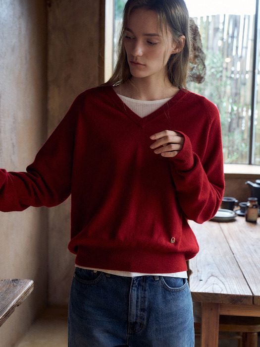 Cashmere 30% V-neck Knit Top[LMBEAU24KN257]-Scarlet Red