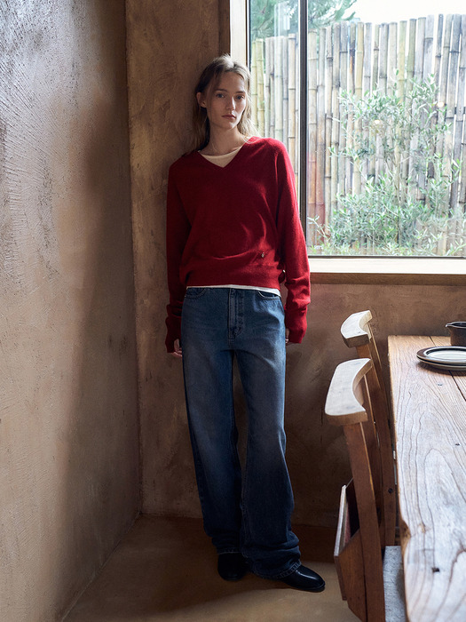 Cashmere 30% V-neck Knit Top[LMBEAU24KN257]-Scarlet Red