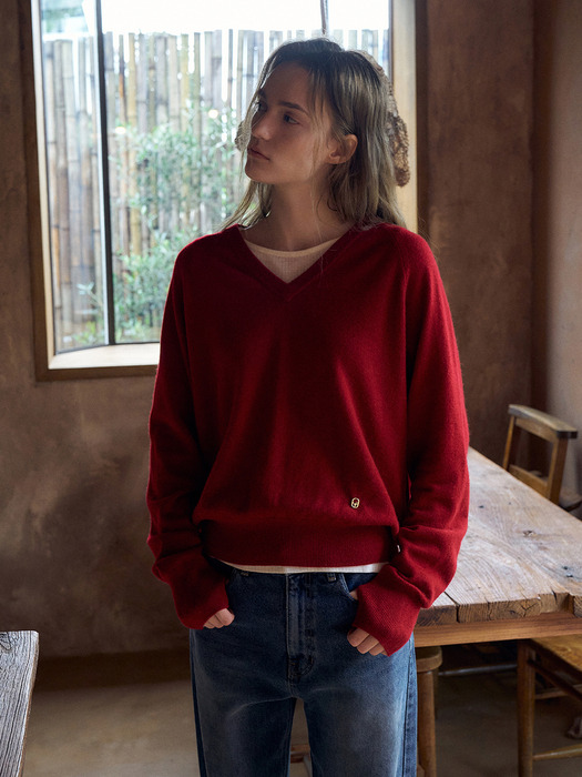 Cashmere 30% V-neck Knit Top[LMBEAU24KN257]-Scarlet Red