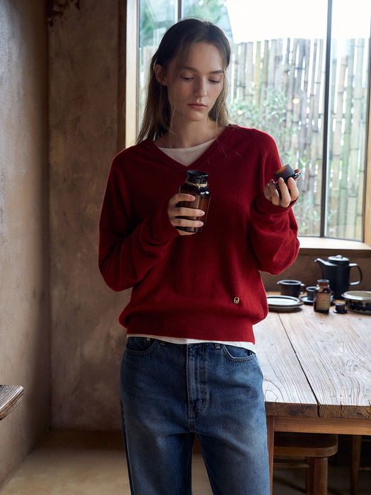 Cashmere 30% V-neck Knit Top[LMBEAU24KN257]-Scarlet Red