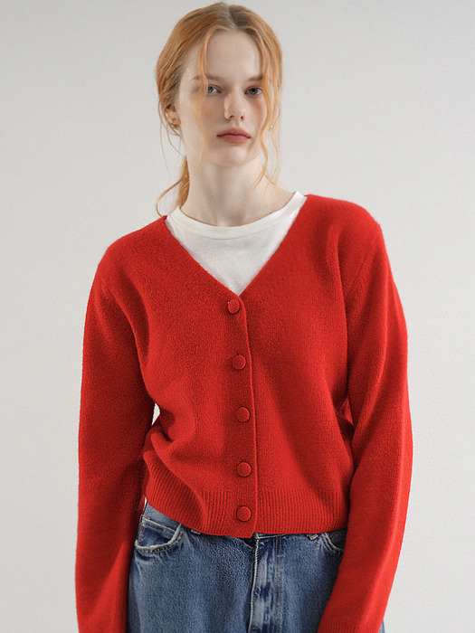 Wool 100% V-neck Basic Knit Cardigan (Red)