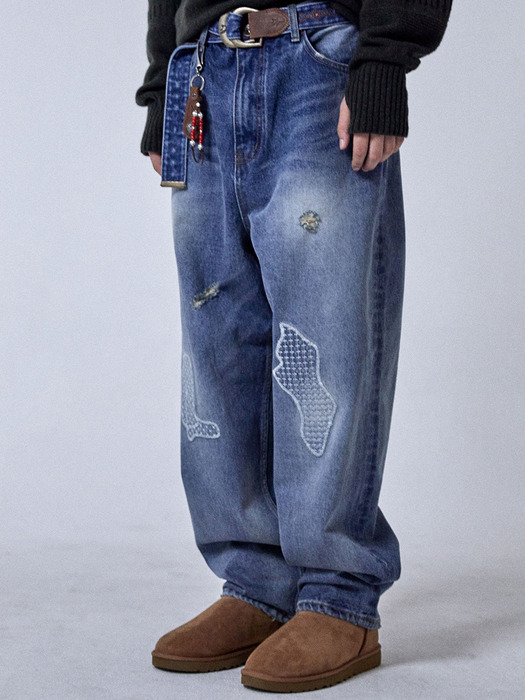 Patchwork Panneled Denim Pants Darkblue