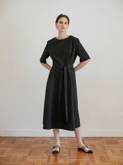 Black Linen belted long one-piece