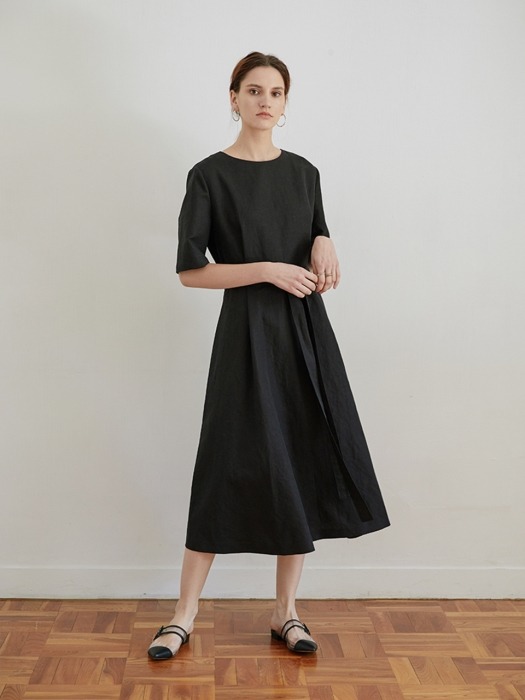 Black Linen belted long one-piece