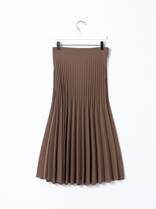 Pleated Long Side Zipper Skirt Brown