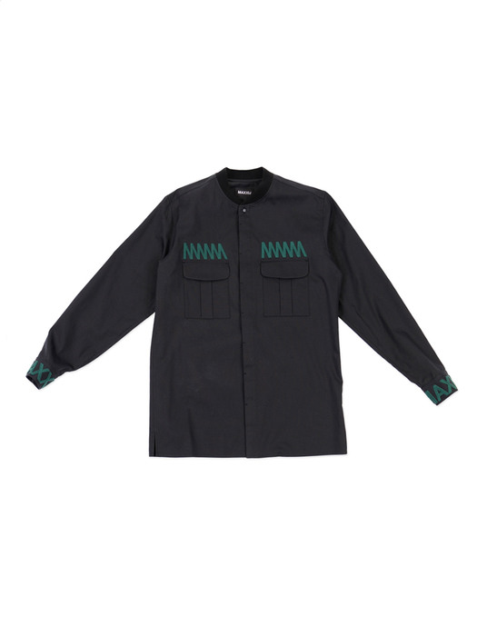 Military Bomber Neck Shirt with Chest Embroidered Dark Navy