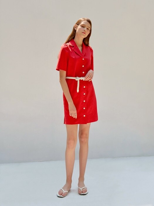 Linen Tailored Shirt Dress _ Red