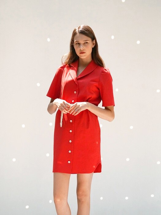 Linen Tailored Shirt Dress _ Red