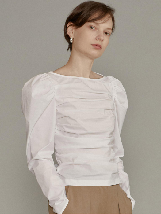 Ruched Puff-sleeve Blouse [WHITE] JYBL0D911WT