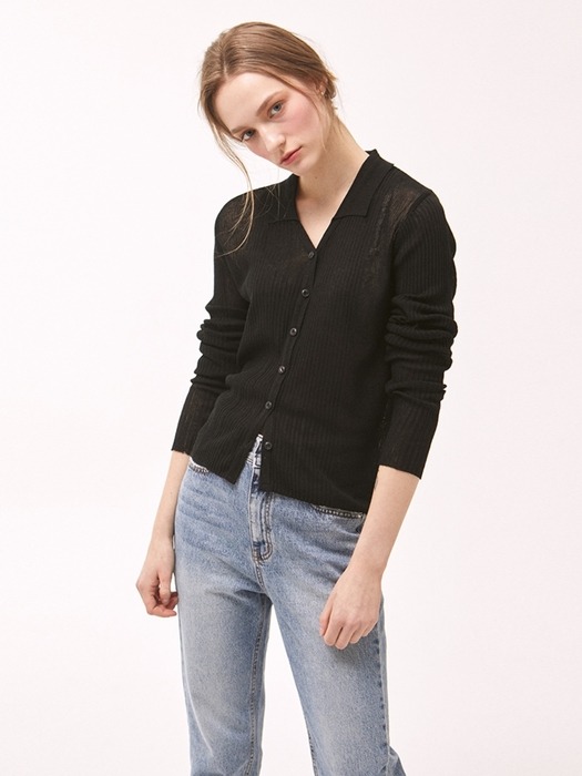 Ribbed Line Collar Cardigan - Black