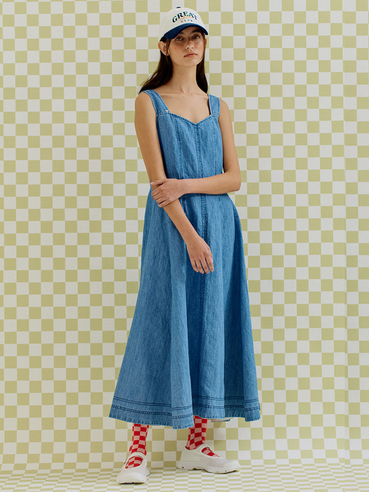 DENIM SLEEVELESS FLARED DRESS BLUE (AEDR1E301B2)