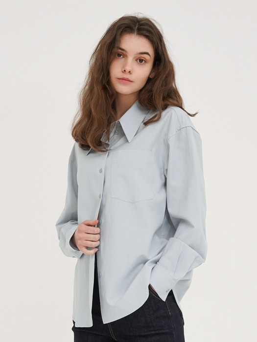 Windsor collar linen blend blouse - Skyblue