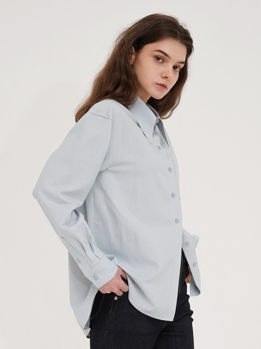 Windsor collar linen blend blouse - Skyblue