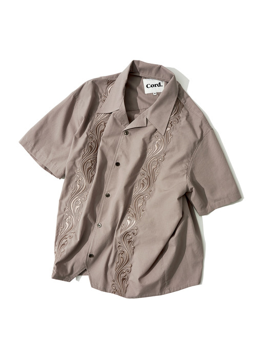 WAVE EMBROIDERY OPEN COLLAR SHIRT_SAND PK