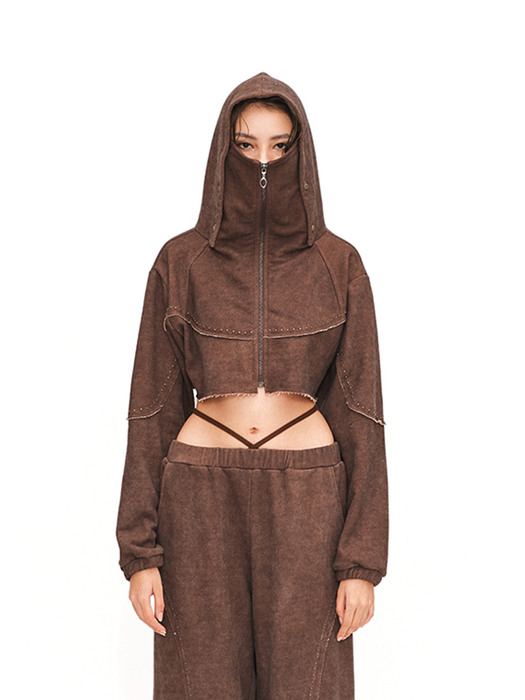 High neck and crop hoodie - Brown