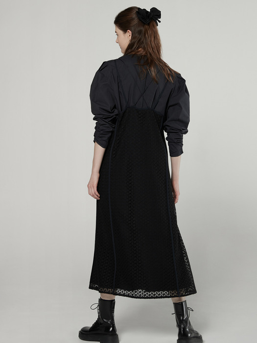 Back point lace layered dress - Black