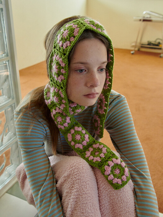 Handmade knit muffler_ Green+pink