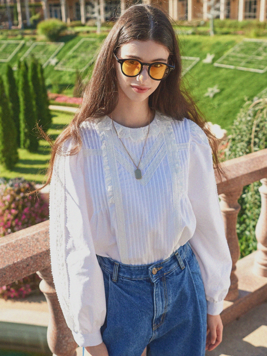 V-Lace Collar Pintuck Blouse