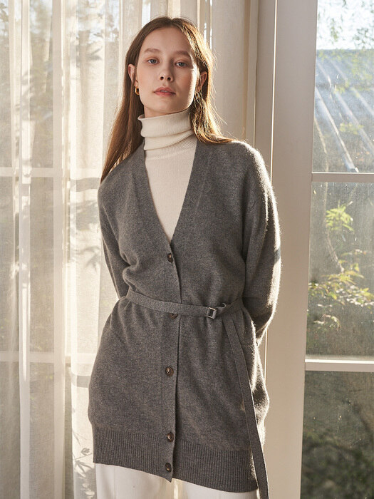 CASHMERE 100 MIDDLE LENGTH CARDIGAN GREY ( C1KCD05 )