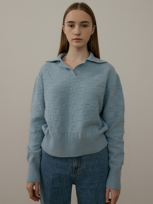 cashmere open collar square knit (sky blue)
