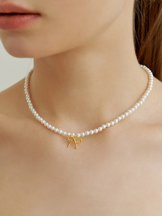 Romantic Ribbon Pearl Necklace (2color)